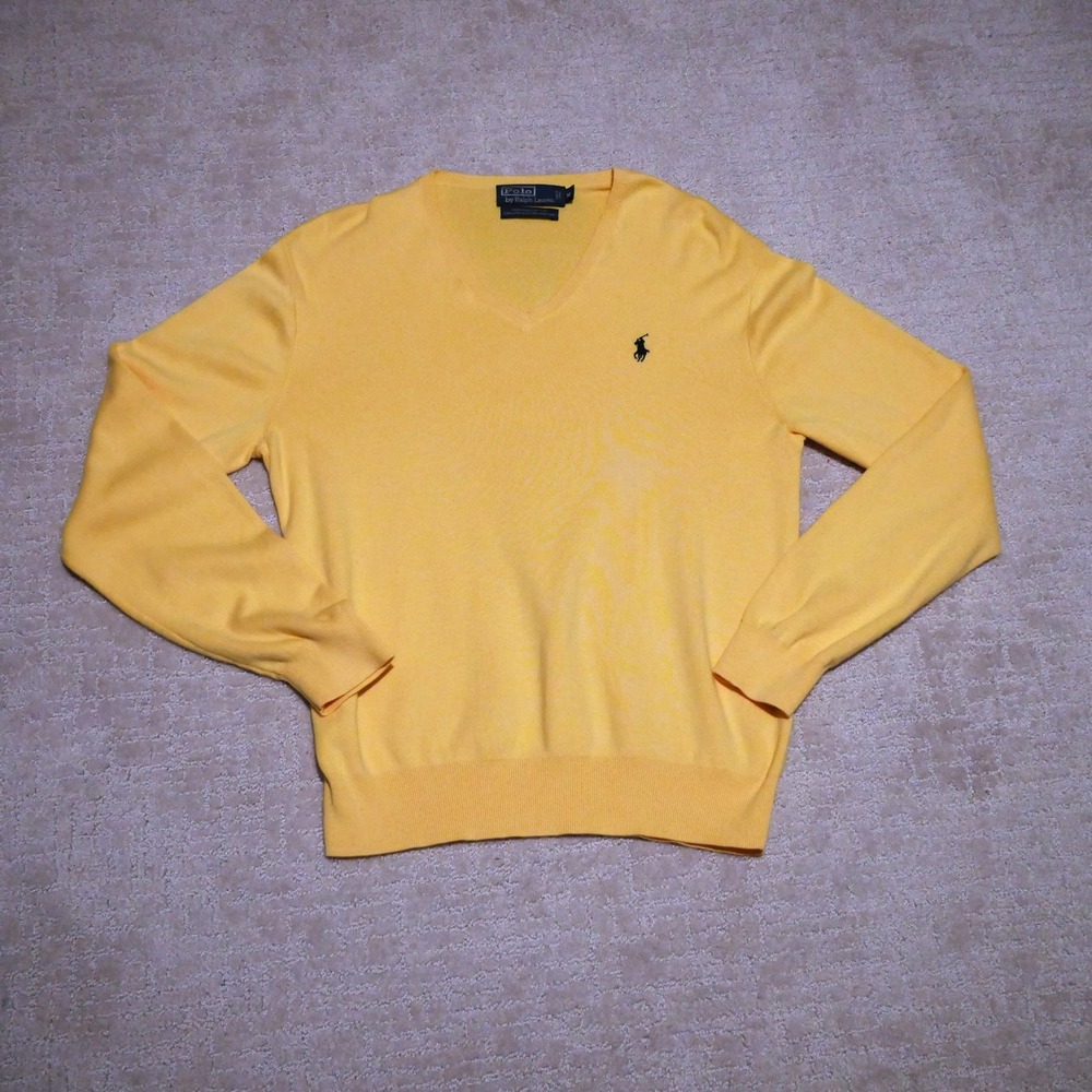 Polo‎ Ralph Lauren Mens V-Neck Sweater Yellow 100% Pima Cotton Pony Logo Size M